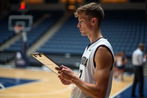Joueur de basketball étudiant des stratégies tactiques avec un clipboard sur un terrain intérieur