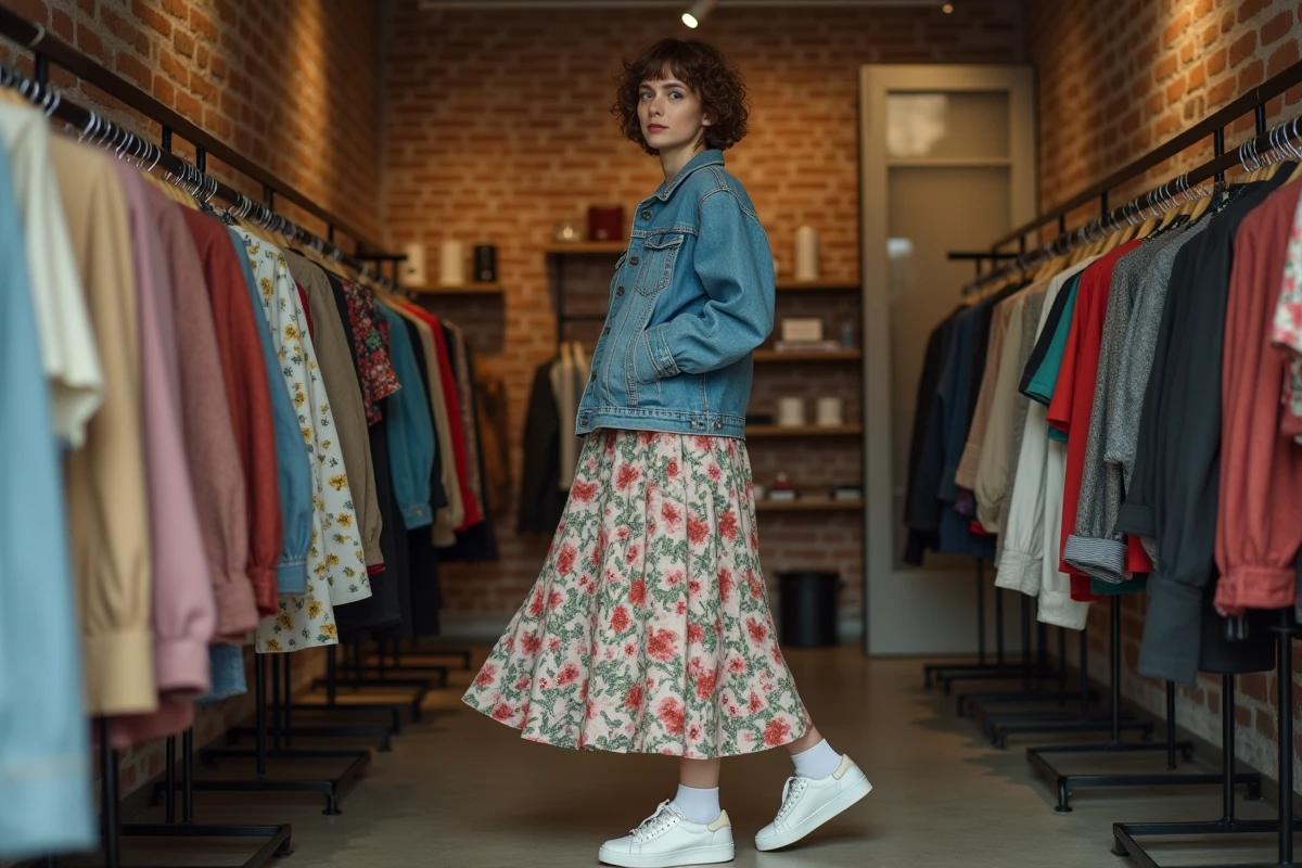 Look gender fluid associant jupe fleurie et veste en jean dans une boutique vintage moderne