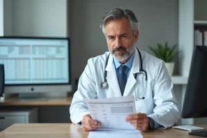 Médecin examinant un bilan sanguin avec macrocytose des globules rouges dans un cabinet médical