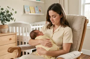 Jeune mère tenant son nouveau-né dans une chambre de bébé décorée avec soin, ambiance douce et apaisante