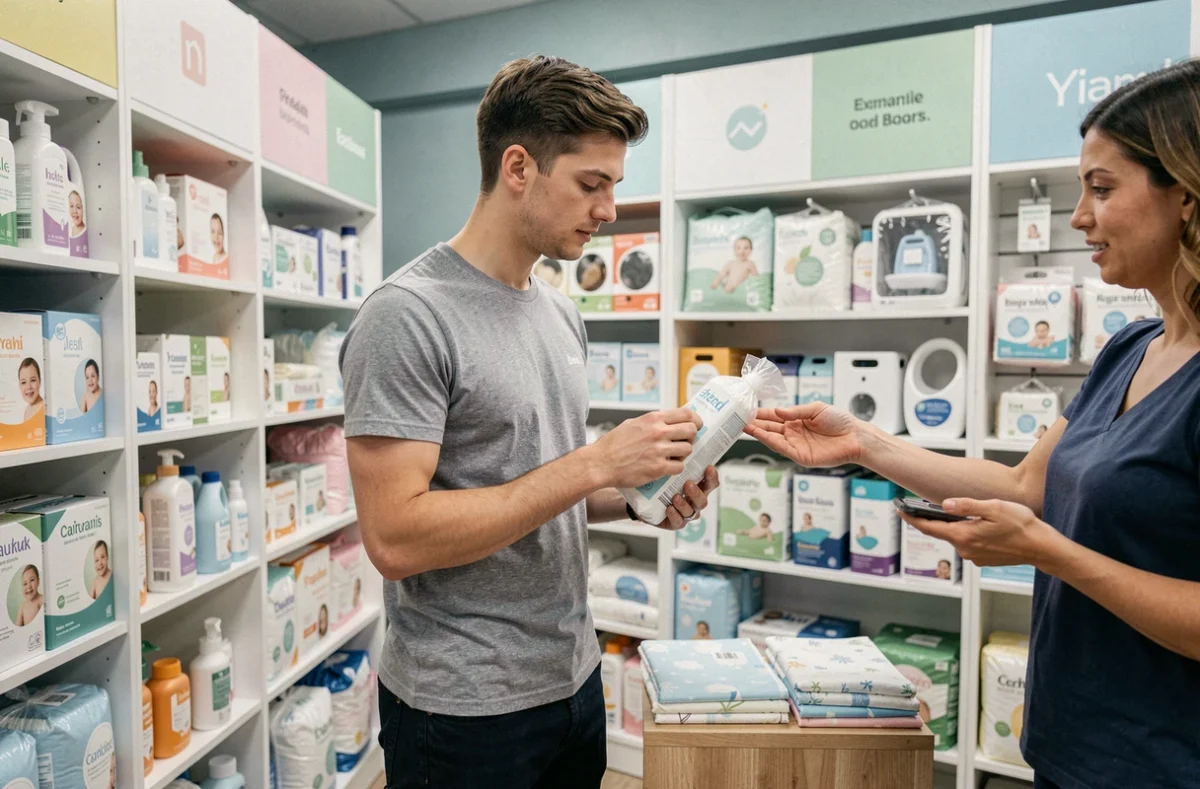 Jeune père en magasin de puériculture choisissant des produits essentiels pour l'arrivée de son bébé avec l'aide d'un conseiller