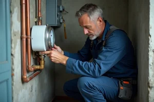 Plombier professionnel inspectant un compteur d'eau lors d'un déménagement dans une chaufferie résidentielle