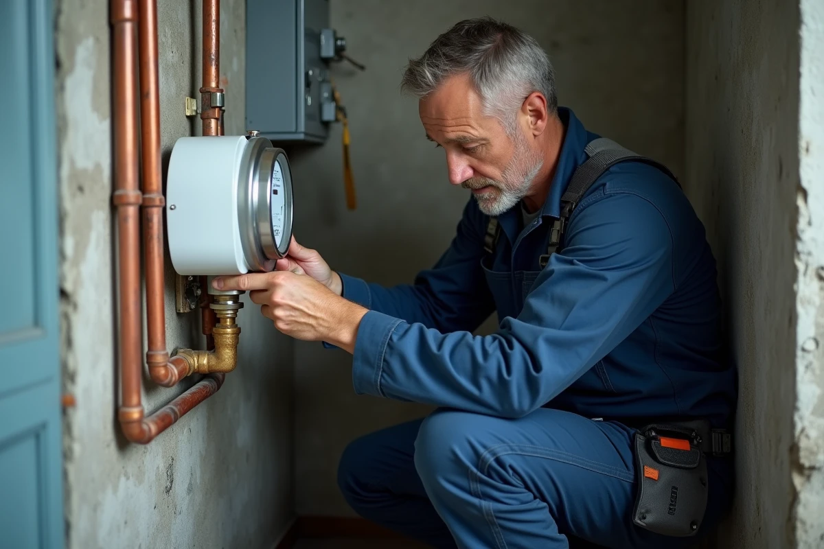 Plombier professionnel inspectant un compteur d'eau lors d'un déménagement dans une chaufferie résidentielle