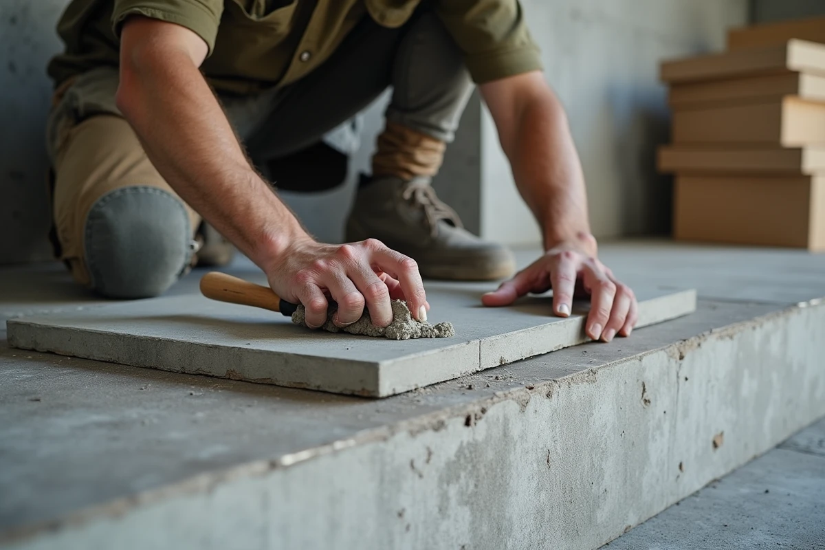 Artisan posant un revêtement en carrelage effet pierre sur une marche d'escalier en béton lors de travaux de rénovation intérieure