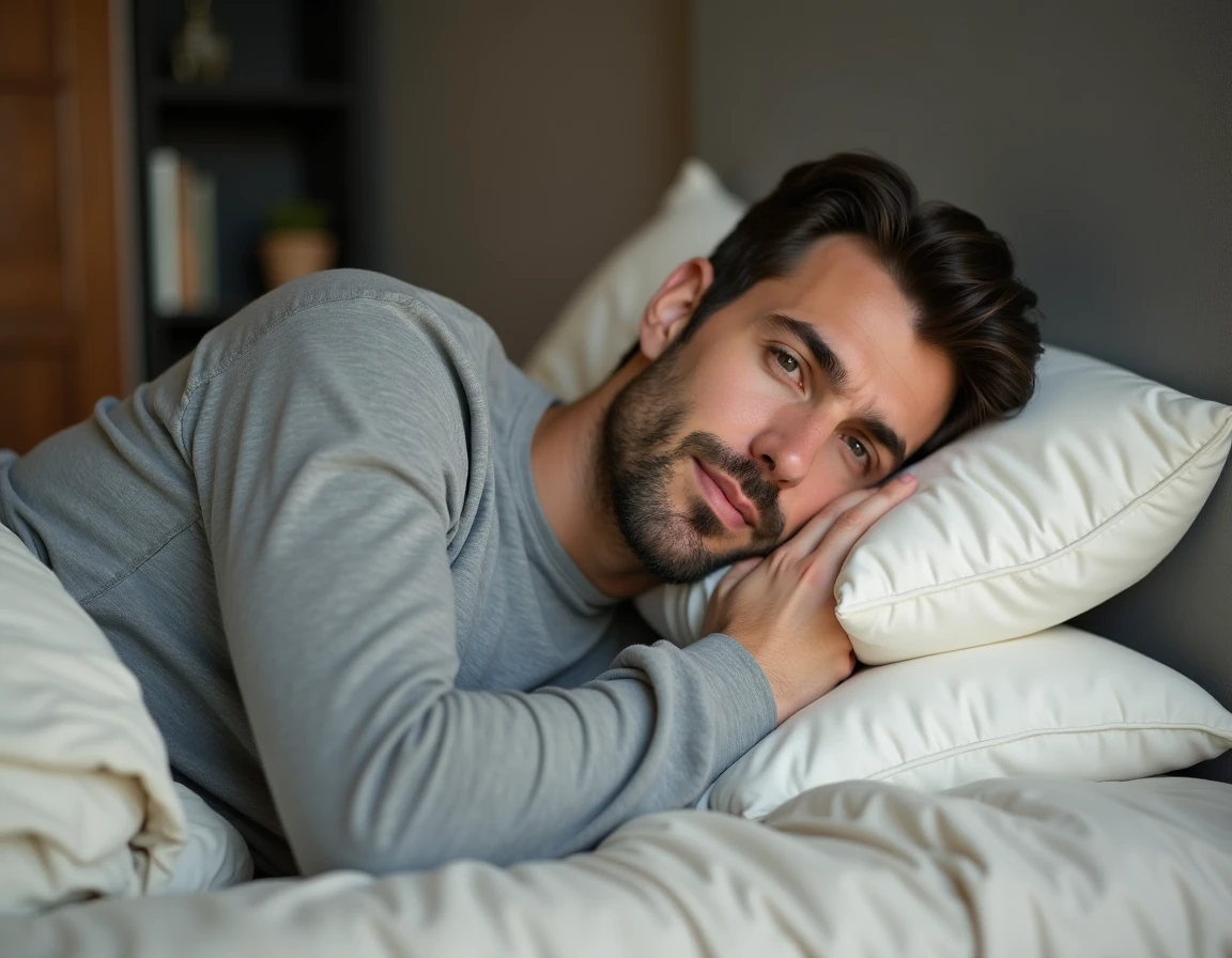 Homme dormant sur le côté avec un oreiller ergonomique soutenant correctement la nuque et la tête