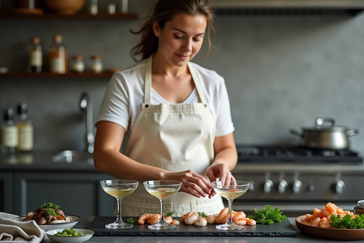 Femme cuisinant un cocktail de fruits de mer surgelés en portions dans des coupes en verre sur un plan de travail en ardoise