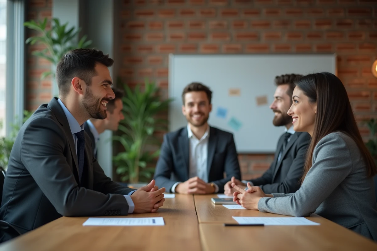 Réunion de prospection commerciale en face à face entre un commercial et un prospect dans un espace de coworking