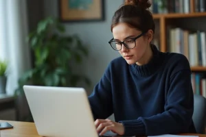 Femme travaillant sur la sécurité informatique de son ordinateur portable dans un bureau à domicile moderne