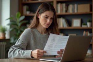 Femme consultant un document avec des noms et adresses sur un bureau à domicile devant un ordinateur portable