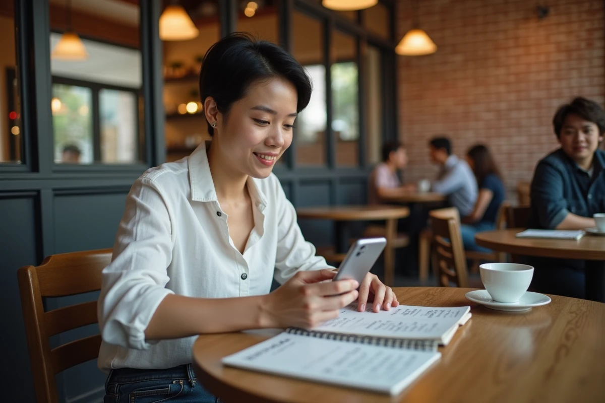 Jeune personne recherchant une adresse à partir d'un nom sur smartphone dans un café avec un carnet de notes