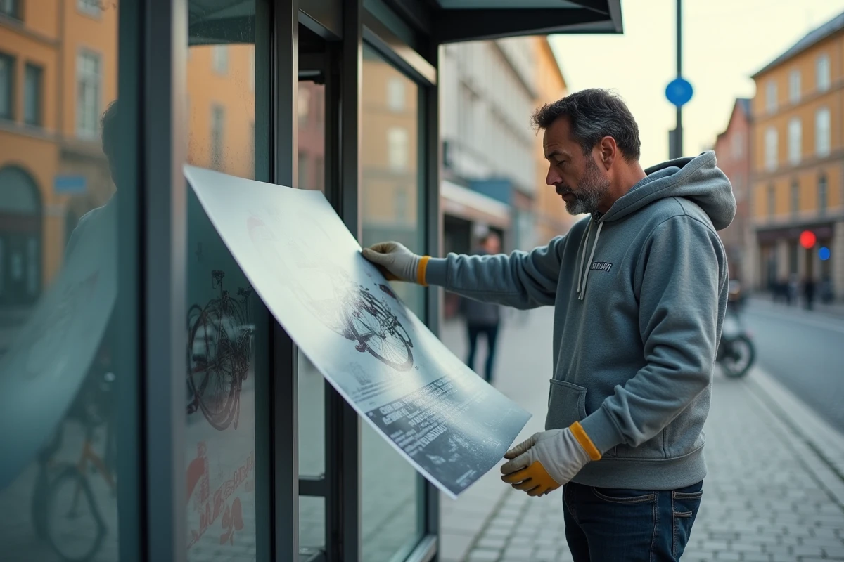 Homme retirant une affiche publicitaire d'un caisson JCDecaux ouvert à un arrêt de bus