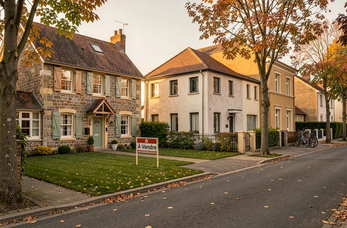 Rue résidentielle avec plusieurs maisons à vendre dont une pancarte immobilière sur une pelouse en automne