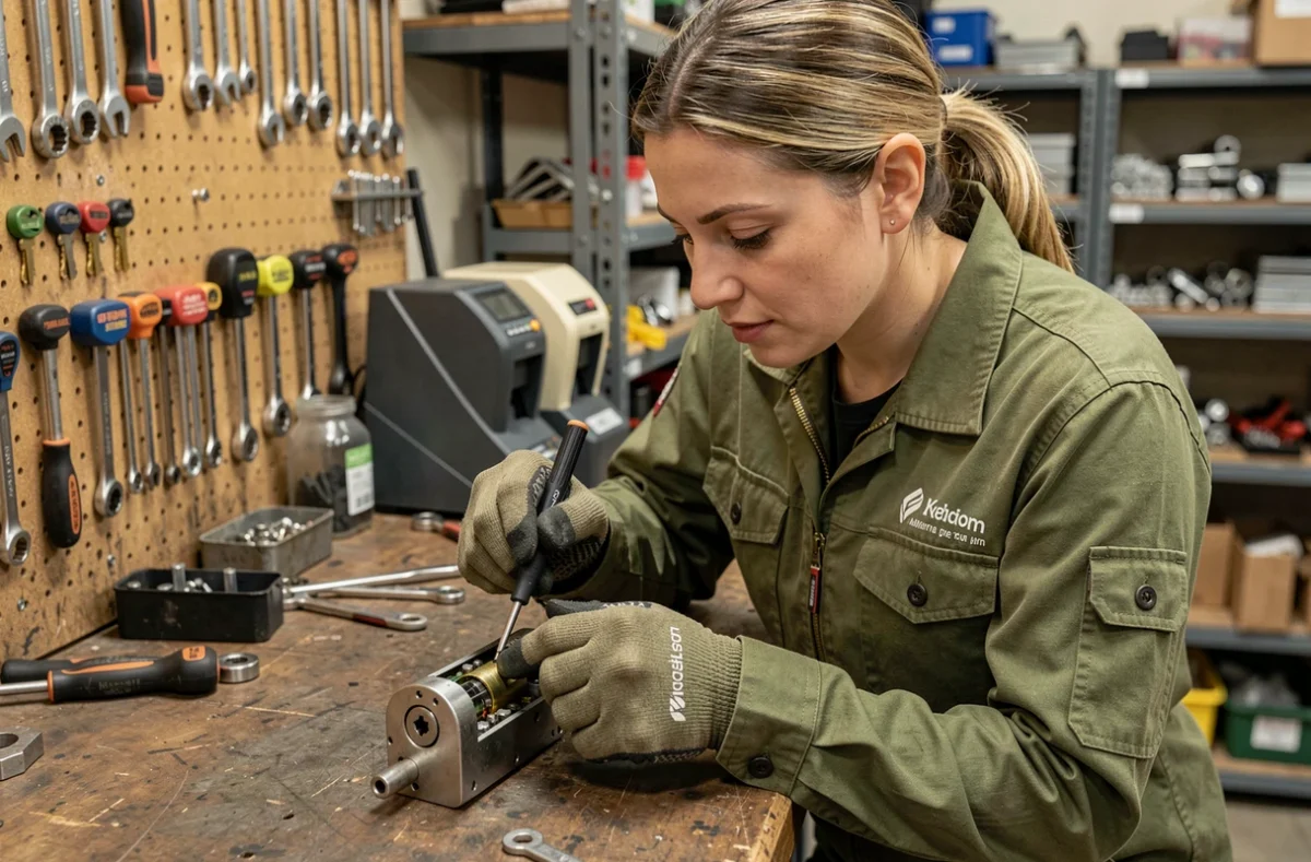 Serrurier femme examinant un mécanisme de serrure dans un atelier de serrurerie professionnel