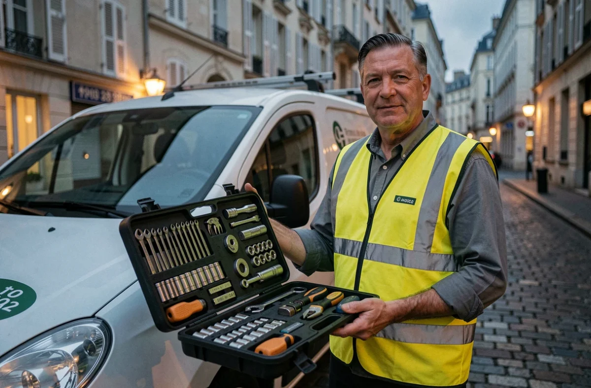 Serrurier d'urgence arrivant sur intervention avec sa camionnette de dépannage et sa mallette d'outils professionnels