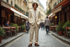 Personne portant un style gender fluid avec blazer oversize crème et pantalon large dans une rue parisienne