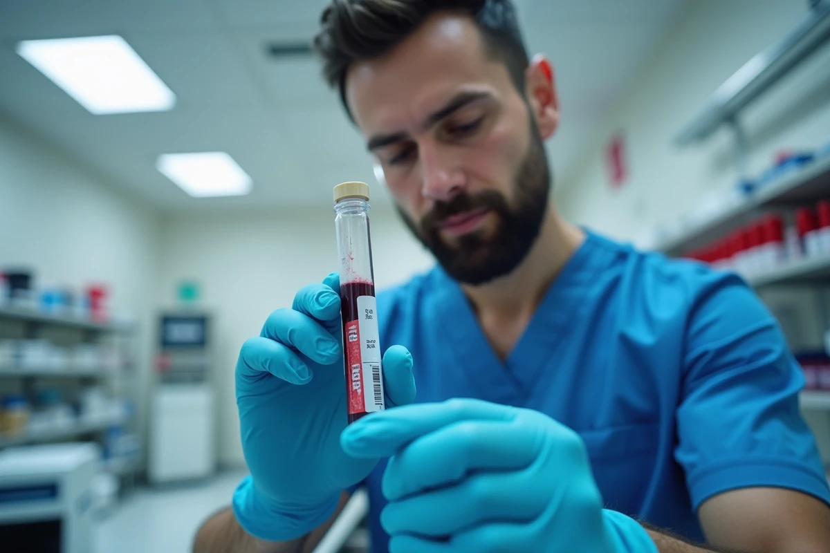 Technicien de laboratoire analysant un échantillon sanguin pour détecter une macrocytose liée à l'alcool