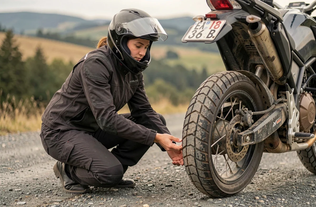 Motarde vérifiant l'usure du pneu de sa moto adventure sur une route de campagne, entretien pneu moto
