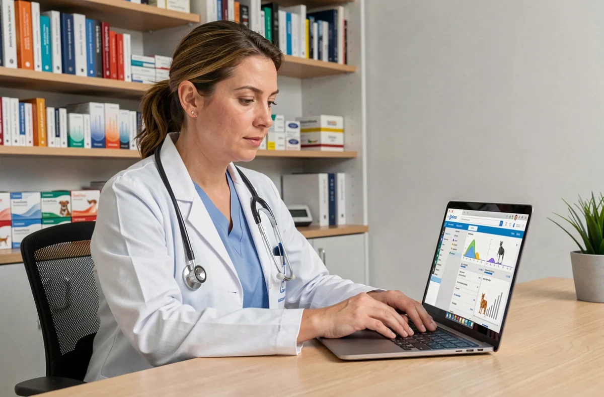 Vétérinaire femme consultant des ressources professionnelles en ligne sur GMVET depuis son bureau de clinique
