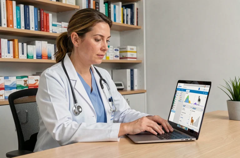 Vétérinaire femme consultant des ressources professionnelles en ligne sur GMVET depuis son bureau de clinique