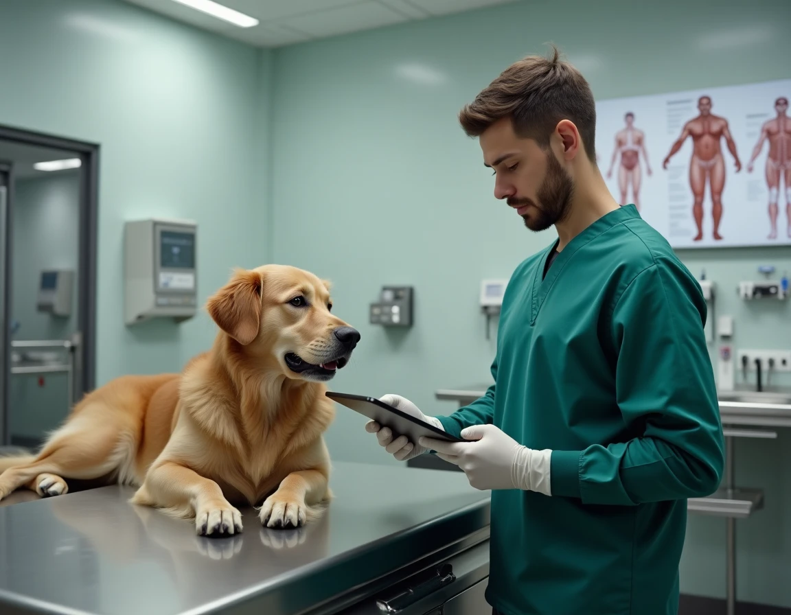 Vétérinaire homme utilisant une tablette pour accéder à GMVET lors d'une consultation avec un chien en clinique