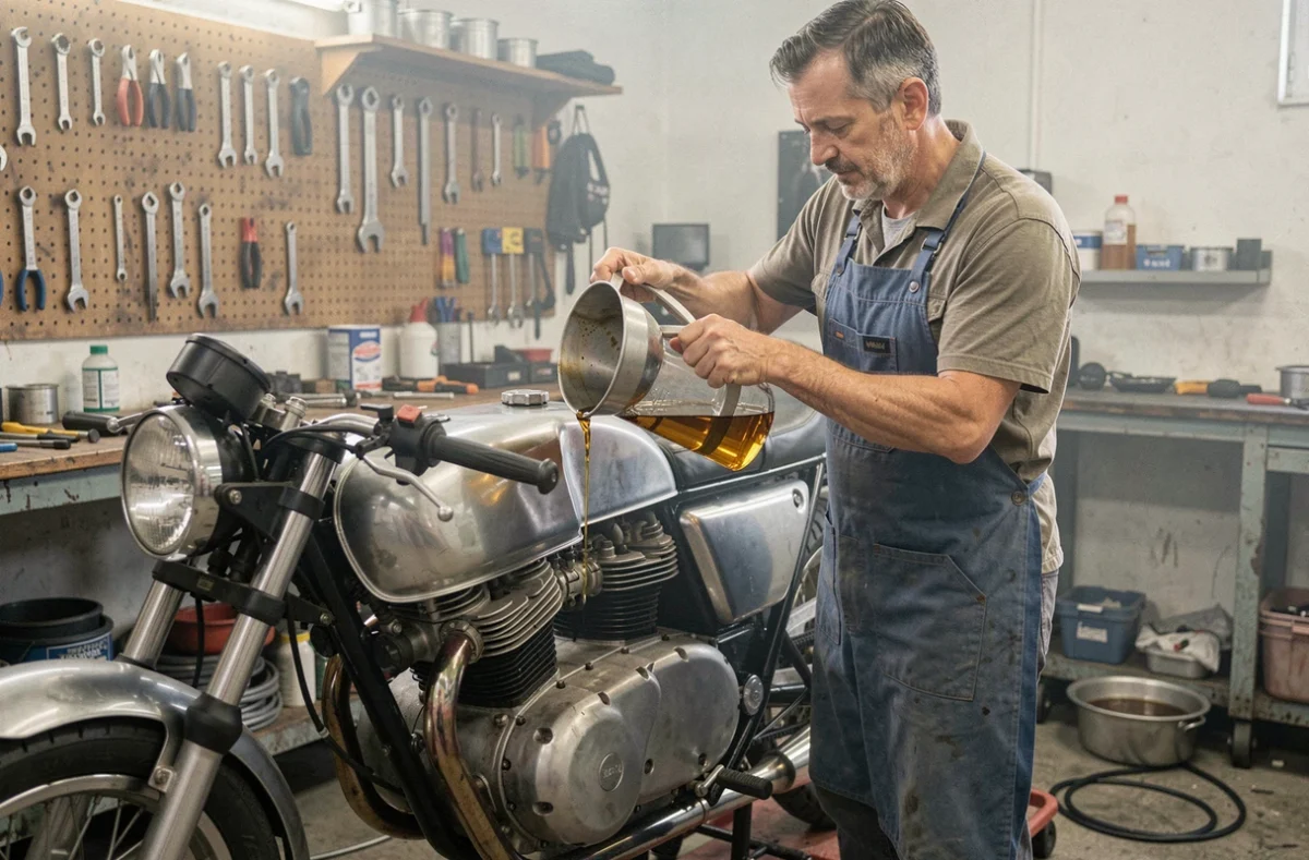 Mécanicien effectuant une vidange d'huile sur une moto dans un atelier bien équipé, entretien moteur moto