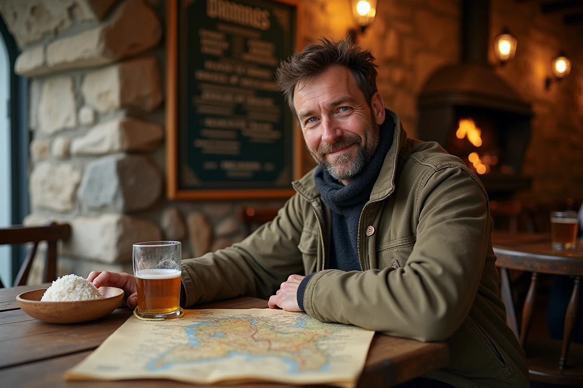 Voyageur solitaire consultant une carte routière dans une crêperie bretonne traditionnelle en pierre avec un bol de cidre local sur la table